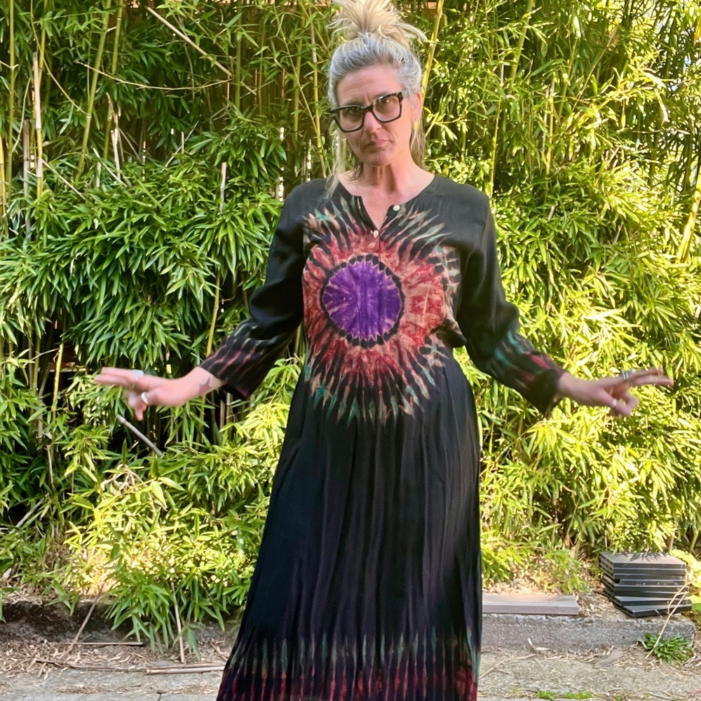 1990’s Tie-Dye Long Sleeve Dress - Black and Purple size M/L